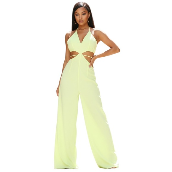 Fashion Nova Pants - Fashion Nova Beach Views Chiffon Jumpsuit Women's Size XL Lime Halter Wide Leg